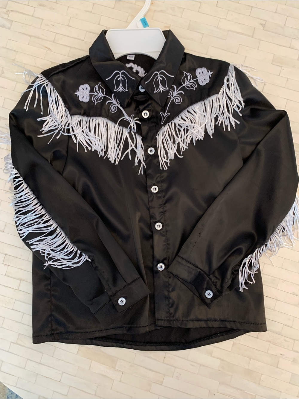 Ken’s Black Western Fringe Button-Up Long Sleeve Shirt with White Embroidery